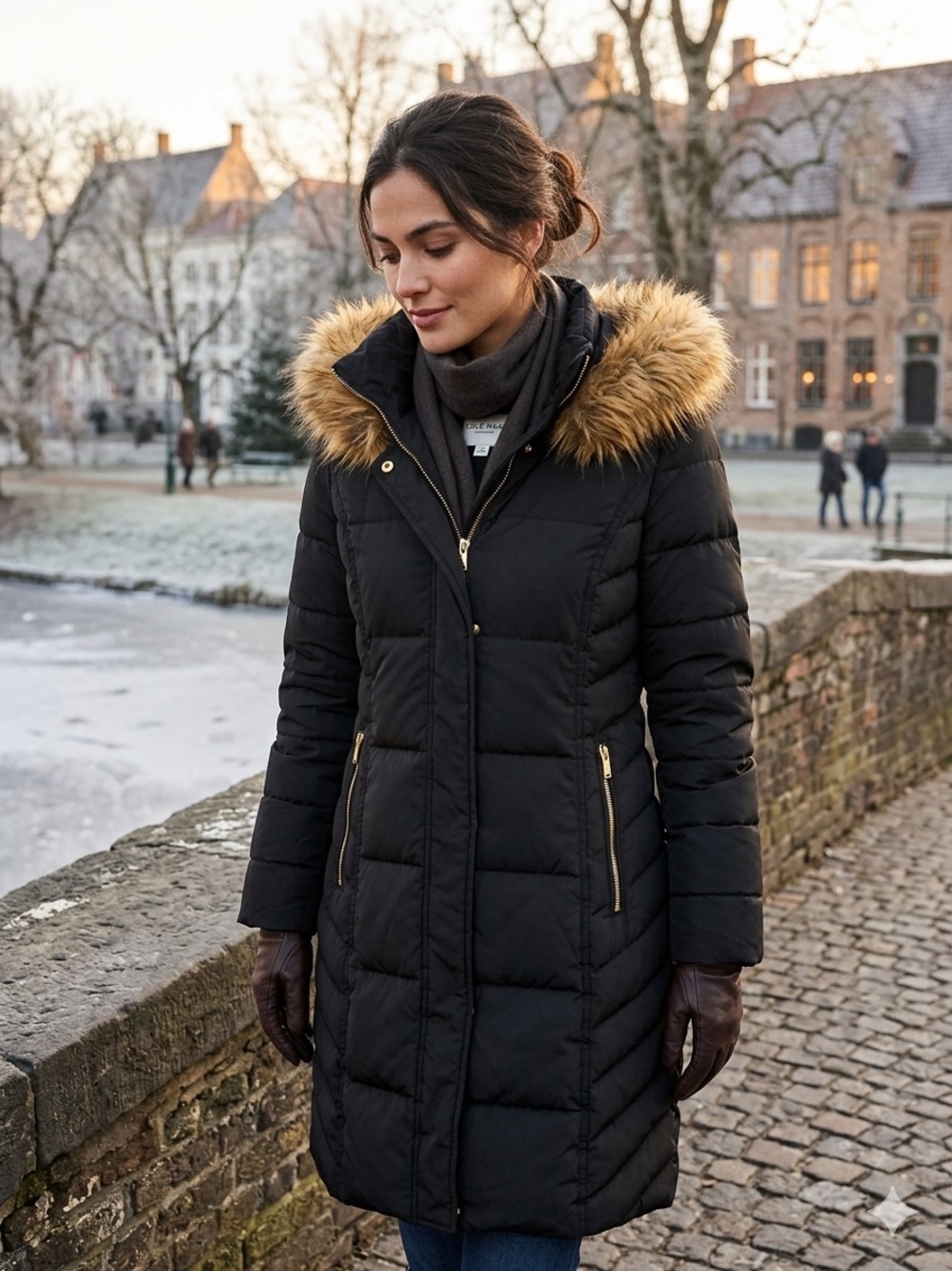 Cole Haan Black Quilted Puffer Coat with Brown Faux-Fur Trim